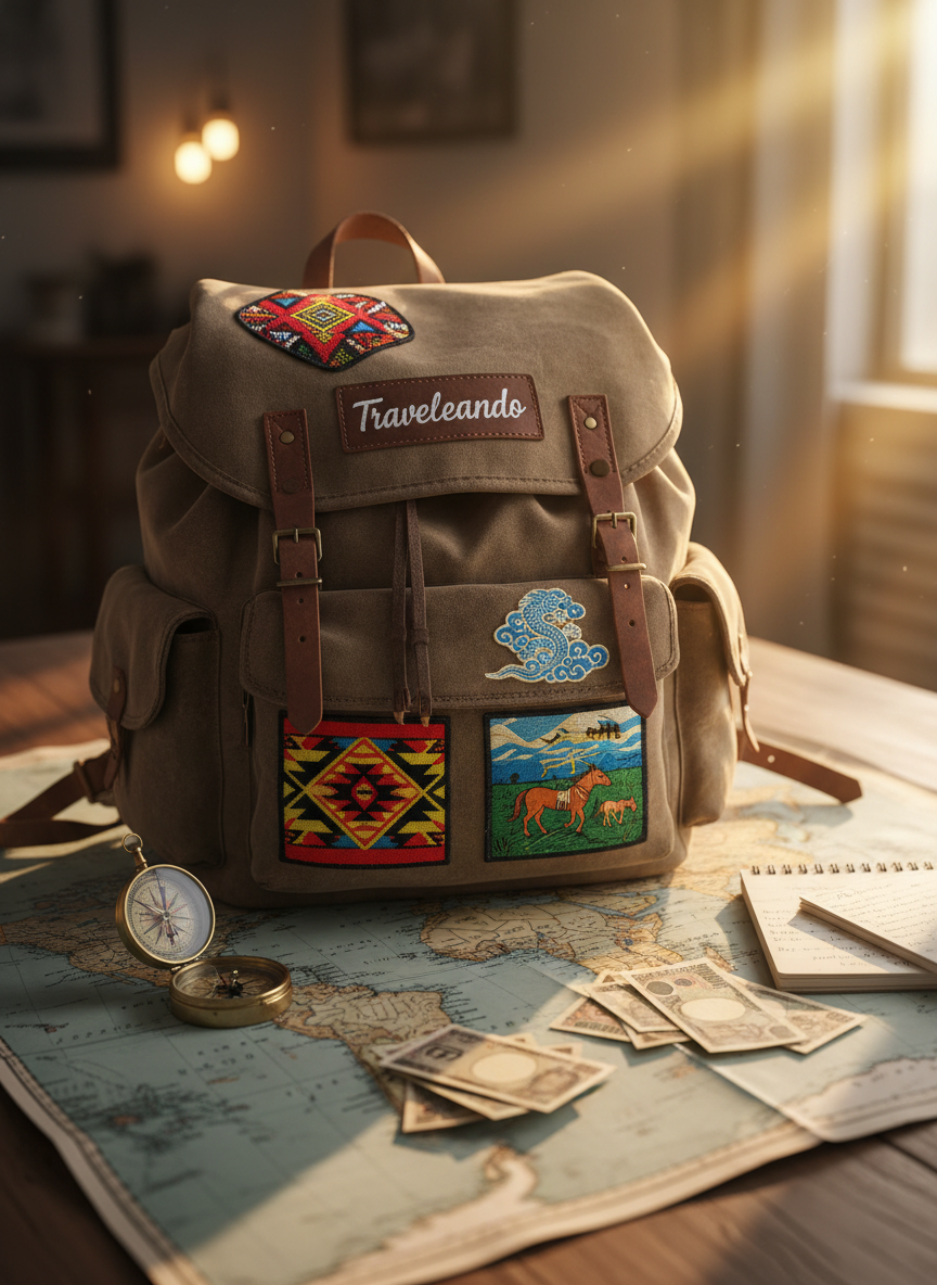A rugged, well-traveled backpack with scuffed leather straps and colorful woven patches from Africa, Bhutan, and Mongolia stitched across the front, resting on a large world map spread over a wooden table. Around it lie a compass, a worn field notebook, and foreign currency in small, scattered piles. Late afternoon golden light streams in from an unseen window, casting warm highlights on the compass glass and soft shadows across the map. Photographic realism with a playful, adventurous mood, shot from a slightly elevated angle with shallow depth of field so the backpack logo “Traveleando” is in crisp focus while the map edges blur into a soft bokeh background.